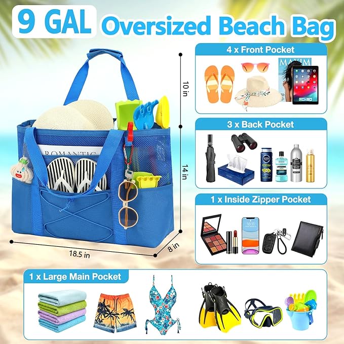 Fammart Mesh Beach Bag, Large Beach Tote with Zipper Pocket for Family Pool Bag for Toys & Vacation Essentials