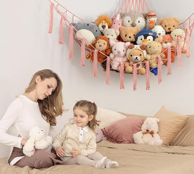 Stuffed Animal Storage Hammock or Net Corner - Large Toy Hammock Net for Stuffed Animals Room Decor - Cute Stuff Animal Organizer Plush Holder - Kids Baby Nursery Essentials Wall Bedroom Home Decor