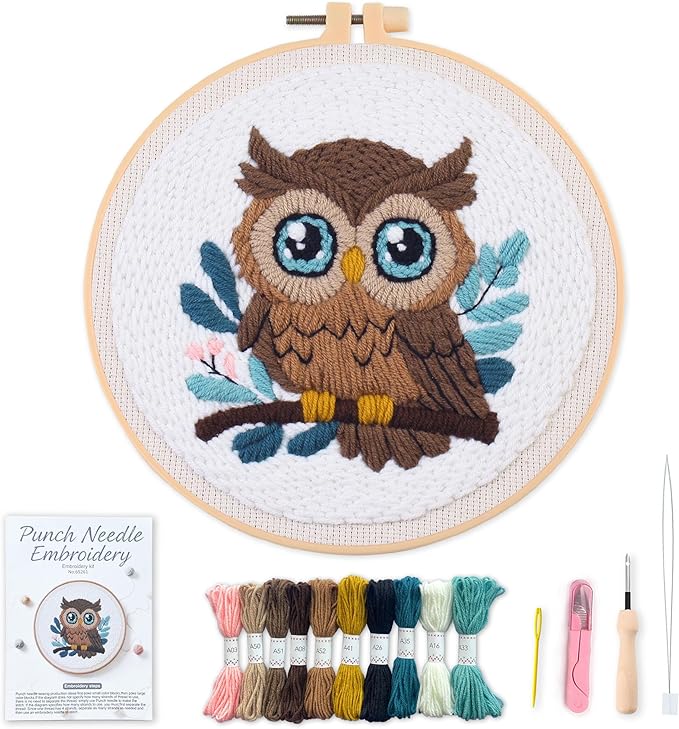 Myfelicity Punch Needle Embroidery Kit, Beginner Craft Set with Animal Pattern Design, 7.9 Inch Hoop (owl)
