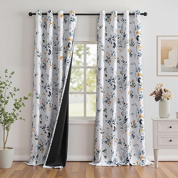 MYSKY HOME 95% Blackout Floral Curtains 95 inch Long 2 Panels for Bedroom Living Room Flower Patterned Room Darkening Thermal Insulated Soundproof Grommet Window Treatments, 52" Wide, Yellow and Blue