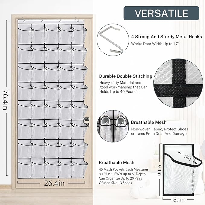 Hualleko 40-Pocket Over the Door Shoe Organizer - Large Mesh Pocket Hanging Shoe Rack for Door, Shoes Storage Holder Sturdy Non-woven Fabric - Stores 20 Pairs (White02)