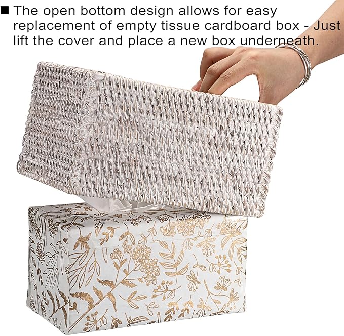Sumnacon Tissue Box Cover Large Rectangle Tissue Box Rattan Tissue Box Holder,Wicker Decorative Tissue Holder for Bathroom Toilet Living Room Kitchen Office Table Desk,Whitewash
