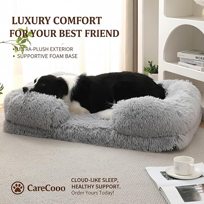 CareCooo Orthopedic Dog Bed for XL Dogs - Washable Memory Foam Pet Sofa, Fluffy Plush Rectangular Bed, Waterproof Anti-Anxiety Couch, Light Gray, XL