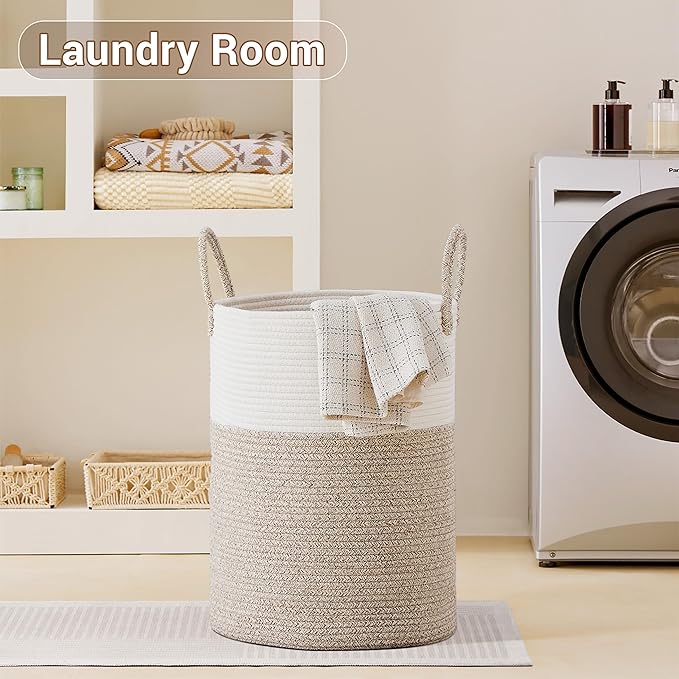 SunNewt Tall Laundry Basket with Handles, 100L Portable Dirty Clothes Hamper, Boho Cotton Rope Storage Bin for Blankets Kids Toys Gifts, Extra Large Organizer for Baby Nursery Bedroom Bathroom, Brown