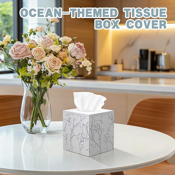 Tissue Box Cover Square, Carved Flowers Wooden Tissue Box Holder with Slide-Out Bottom, Decorative Cube Wall Mounted Tissue Holder for Desktop Nightstand Bathroom Office, Rustic Farmhouse Home Decor