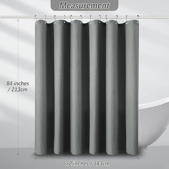 PANGSINNE 72 x 84 Shower Curtain Waterproof Fabric Shower Curtain Waffle Weave Heavy Duty Shower Curtain Set for Bathroom,Washable, 256GSM Modern Shower Curtains with 12 Metal Hooks, 72Wx84H Grey