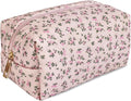 STARDW Cute Quilted Floral Makeup Bag for Women, Large Capacity Travel Toiletry Bag with Zipper and Canvas Lining