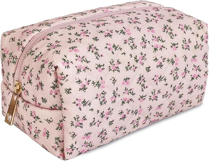 STARDW Cute Quilted Floral Makeup Bag for Women, Large Capacity Travel Toiletry Bag with Zipper and Canvas Lining