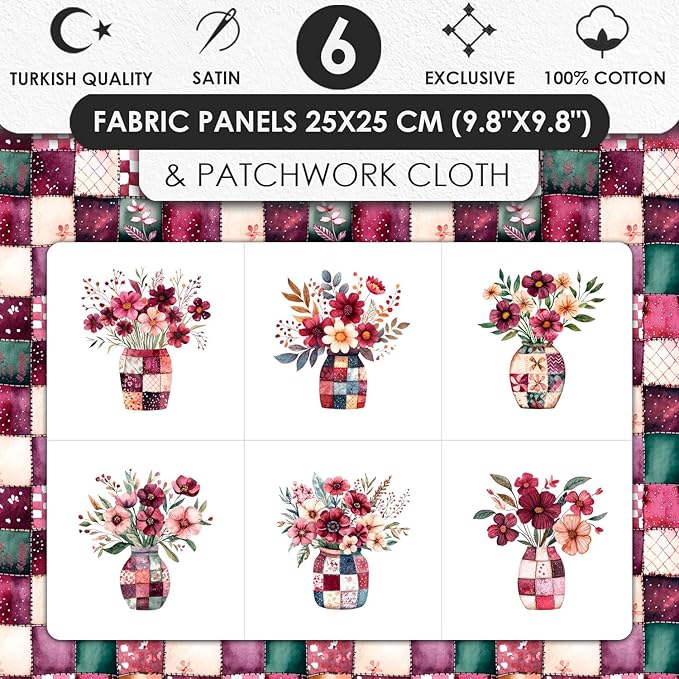 Cotton Satin Fabric Panel with Floral Patchwork Designs – 6 Printed Panels 9.8×9.8 in, Continuous Uncut Fabric Sheet 29.5×19.7 in, 100% Cotton for Quilting, Sewing & DIY