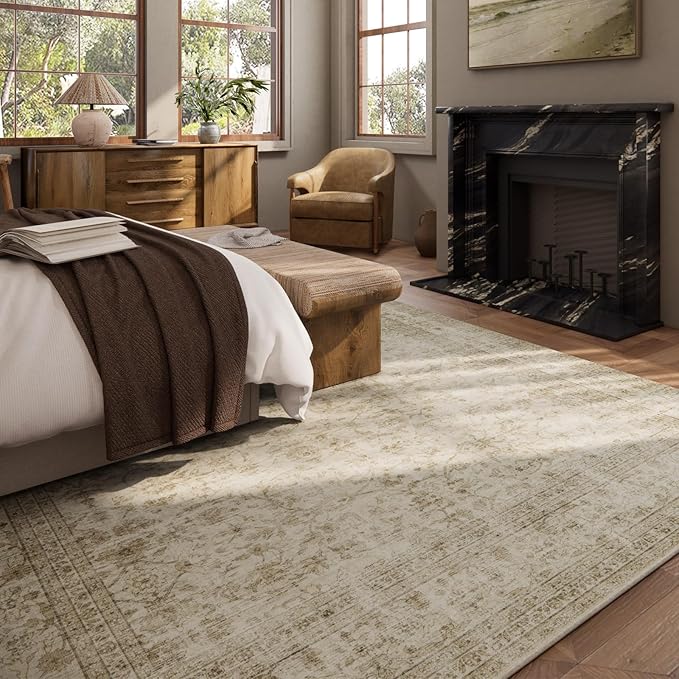 10x14 Area Rug Washable Rugs: Large Living Room Rug Stain Resistant Non Slip Distressed Vintage Low Pile Faux Wool Soft Carpet for Bedroom Farmhouse Dining Room Kids Playroom Nursery
