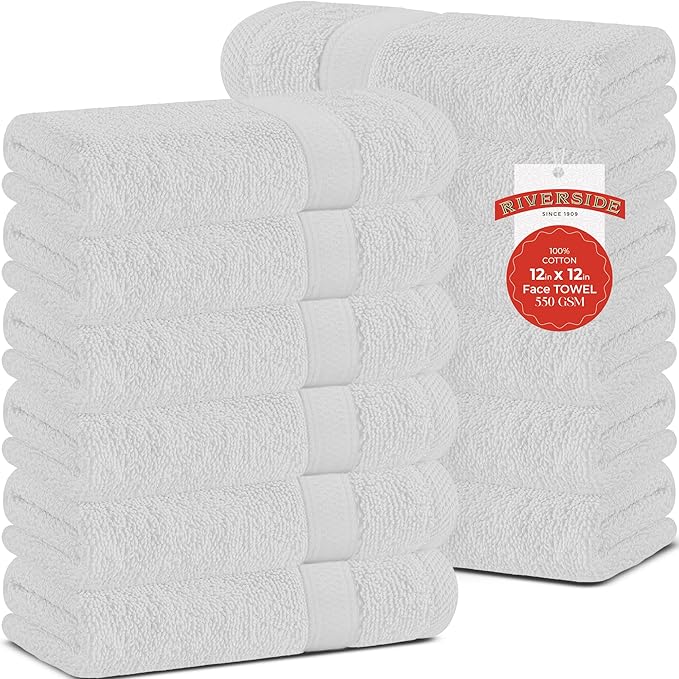 RIVERSIDE 12 Pack Premium 100% Cotton Face Wash Cloths, 12 x 12 Inches, Soft & Absorbent Face Towels for Bathroom Wash Clothes, 550 GSM, Luxury WashCloths for Showering, Body, Spa & Gym, White
