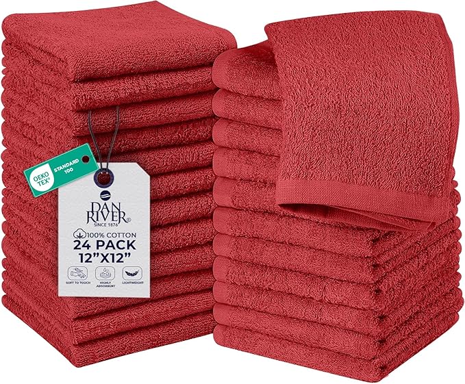 DAN RIVER 24 Pack Wash Cloths for Showering [12x12] - 100% Cotton Washcloths Premium Quality Flannel Face Cloths for Bathroom, Highly Absorbent and Soft Feel Wash Clothes, Red