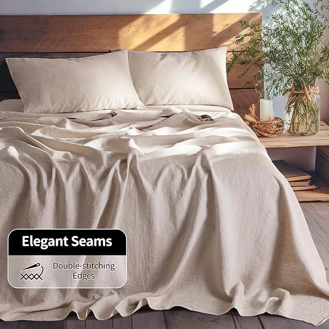 LBRO2M 100% Linen Sheet Set Twin XL Size,Bed Sheets 3 Piece Sets,Solid Color Natural Flax Bed Sheets Soft Breathable Bedding,16" Deep Pocket,All Season (Twin XL, Linen)