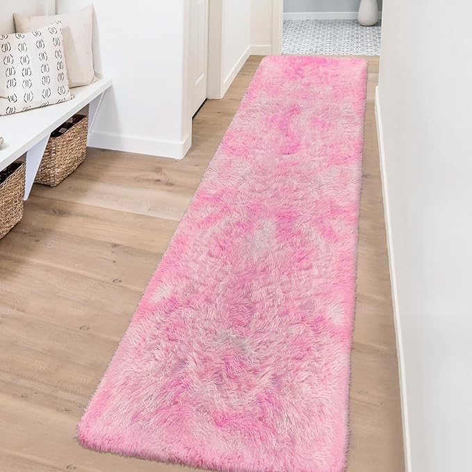 2x8 Pink Fuzzy Rug Runner for Bedroom Girls, Pink Shag Rug for Girls Room Bedside Living Room Hallway Plush Fuffy Carpet Runner for Kids Room Nursery Home