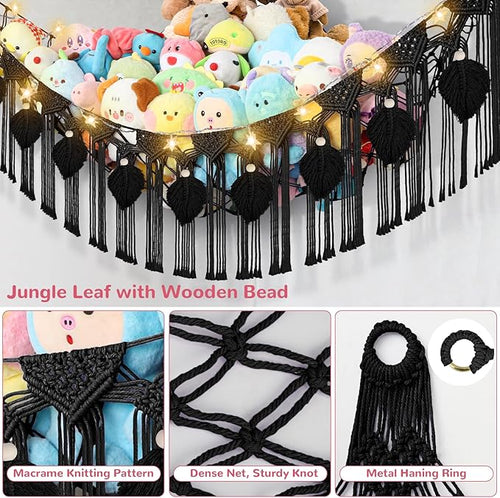 82.7x59x59 Inch Jumbo Stuffed Animal Storage Hammock Corner, Black Macrame Leaf Hanging Stuffed Animal Net Organizer for Stuffy Plush, Toy Hammock Holder w/LED Light for Boy Girl Gift Nursery Decor