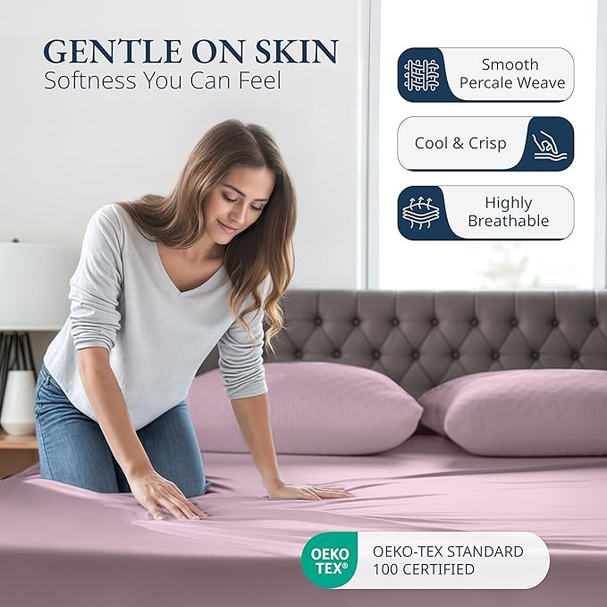 LANE LINEN Twin XL Fitted Sheet, 100% Organic Cotton 2-Piece Set (1 Fitted Sheet, 1 Pillowcase), Percale Weave, Bottom Sheet, Soft, Breathable, Fits Mattress Upto 15" Deep - Lilac (No Flat Sheet)