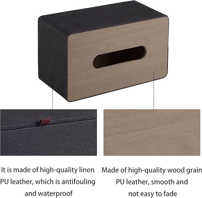 RHCSZ High-end Pu Leather Tissue Box Holder Two Color Combination-Linen and Wood Grain,Rounded Rectangle Napkin Paper Case Dispenser for Home Bathroom Dresser Offices Car Tissue Cover (Black)