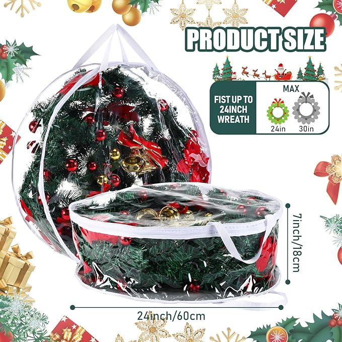 Zhengmy 3 Pcs 24 Inch Christmas Wreath Storage Bags transparent Wreath Storage Container Bulk Wreaths Box with Dual Zippers and Handles for Xmas Holiday Wreaths Garland
