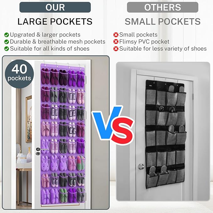 Hualleko 40-Pocket Over the Door Shoe Organizer - Large Mesh Pocket Hanging Shoe Organizer,Behind the Door Shoes Storage Holder Hanger