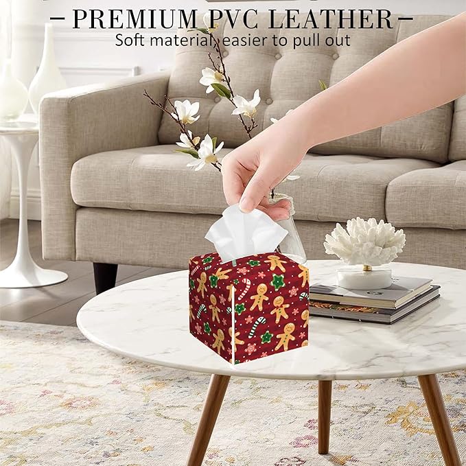POIUBLE Candy and Star Leather Tissue Box Holder Christmas Red Gingerbread Tissue Box Cover Square Waterproof Tissue Holder Organizer Modern Napkin Holder for Bedroom Dresser Night Stand Office Desk