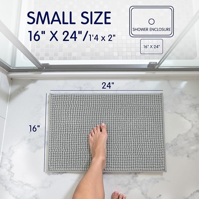 SUBRTEX Bathroom Rugs Chenille Bath Rug Soft Short Plush Bath Mat Soft Shower Mat Water Absorbent Shower Mat Quick Dry Machine Washable(Light Gray,16" x 24")