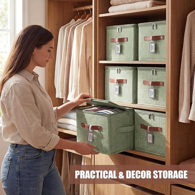 Fiwochic 6 Pack Fabric Storage Bins with Lids and Label, 10×8×7Inch Foldable Cotton Linen Cute Storage Boxes with PU Leather Handles for Closet, Bedroom, Shelf, Nursery, Green