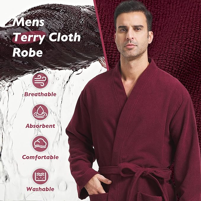 FashGudim Terry Cloth Robes for Men Big and Tall Short Mens Kimono Robe Super Absorbent Spa Bathrobe Calf Length With Pockets