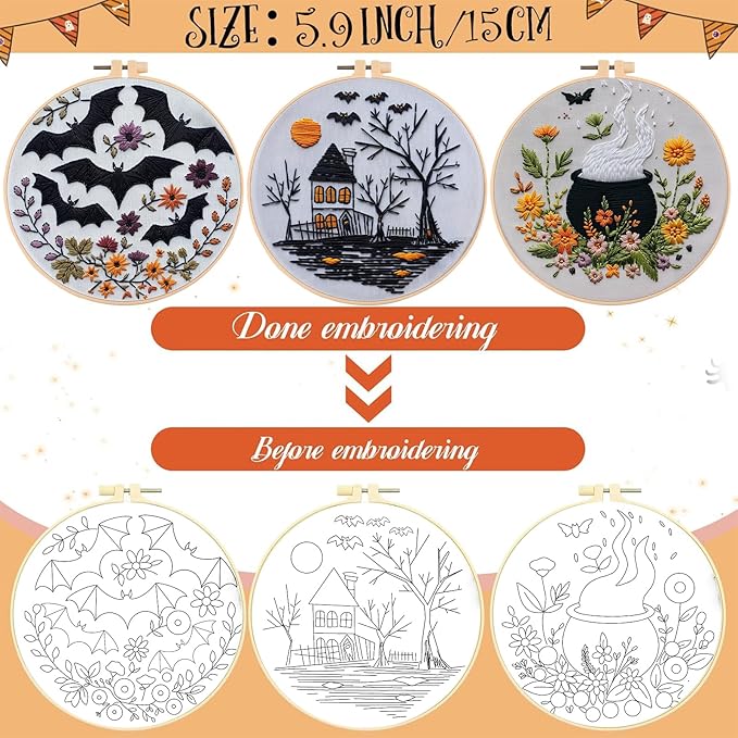 QBQBQ 4 Set Embroidery Kit for Beginners, Cross Stitch Kits Include 6 Inch Hoop, Needles, Threads, DIY Crafts for Adults, Halloween, Skull & Witch Hat Pattern, Home Decor Gift Idea