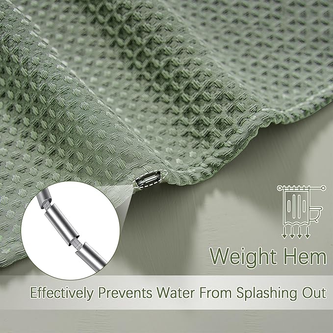 PANGSINNE Sage Green Shower Curtain for Bathroom Waffle Textured Heavy Duty 78 Inch Shower Curtain Set for Bathroom, Water Repellent 256GSM Neutral Fabric Shower Curtains with 12 Metal Hooks, 72Wx78H