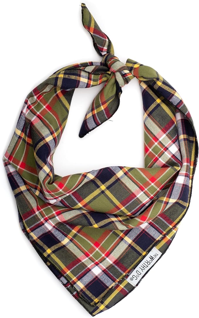 THE WORTHY DOG Classic Tie-On Dog Bandana – Soft Cotton Flannel Square Pet Bandana, Plaid II Classic Pattern, Olive, Large