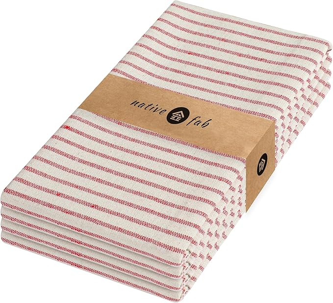 Native Fab 4 Pack Farmhouse Stripe Kitchen Dish Towels Cotton Super Absorbent Quick Drying Reusable 18x26 Inches - Bar Hand Towels, Kitchen Cleaning Towels with Hanging Loop, Milenna Red