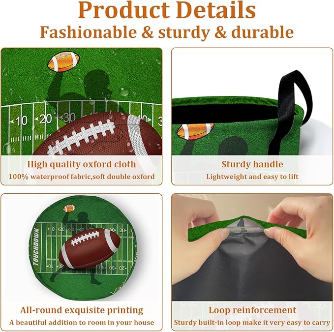 American Football Laundry Basket with Sturdy Handles, Ball Game Collapsible Oxford Cloth Laundry Hamper Organizer Basket for Bathroom Bedroom 15.7x20 Inch