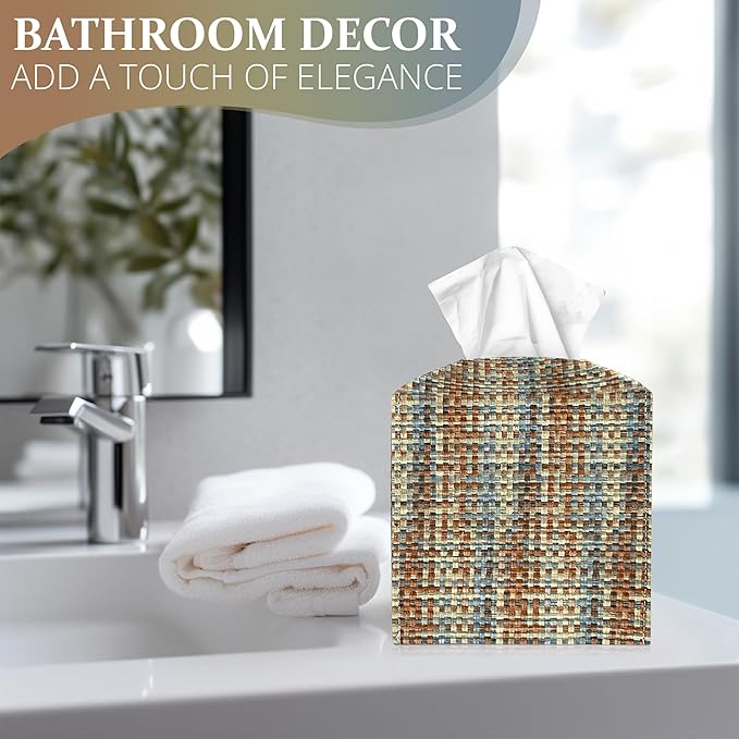 PU Leather Tissue Box Cover with Bottom Belt - Modern Square Tissue Box Holder with Wide Opening - Blue White Camel, Woven Patterns
