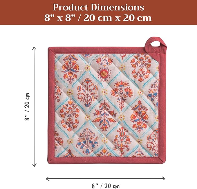 Maison d' Hermine Pot Holders 100% Cotton Heat Resistant Potholders 8" x 8" Hot Pads with Loop for Thanksgiving Christmas Decorations BBQ Cooking Baking Handling Hot Pans (Pack of 1, Romane)