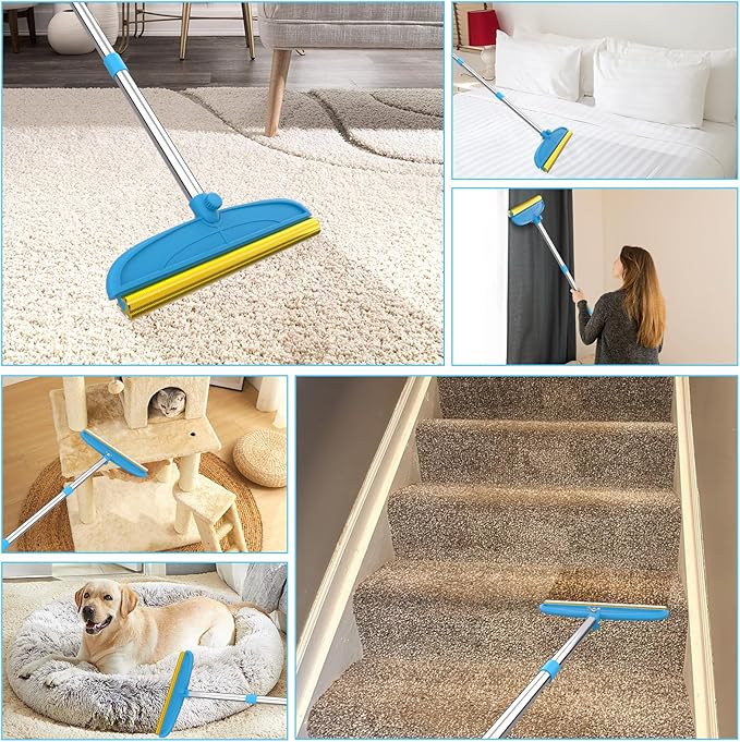 WOSWOK Carpet Rake for Dog Hair Remover: 2 in 1 Reusable Pet Hair Remover – 60‘’ Adjustable Long Handle Carpet Removal Tool for Dog Cat Human Hair – Carpet Scrape Cleaning for Rug Couch Bed