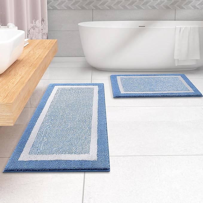 OLANLY Bathroom Rugs 44x24, Extra Soft and Absorbent Microfiber Bath Mat, Non-Slip, Machine Washable, Quick Dry Shaggy Bath Carpet, Suitable for Bathroom Floor, Tub, Shower (Runner, Blue)