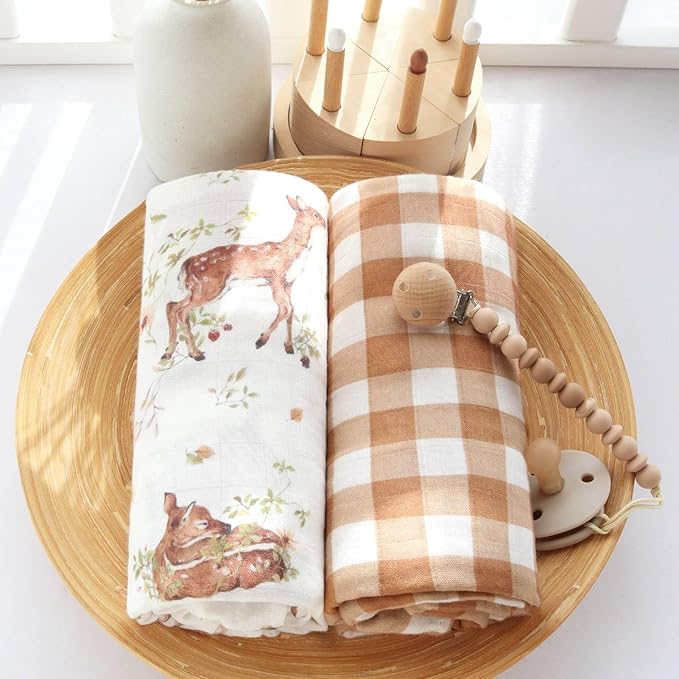 LifeTree Baby Swaddle Blankets, Boys Girls Muslin Swaddling Wrap Receiving Blanket for Newborn, 70% Viscose from Bamboo and 30% Cotton, Large 47" x 47", Deer and Checkered