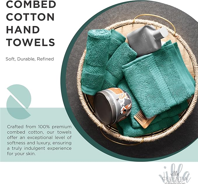Villa Celestia 100% Cotton Hand Towel Set of 4, (16 x 28 inches) Sustainable, Soft, Highly Absorbent, Quick Drying, Combed Cotton Hand Towels Pack of 4 Ideal for Hotels, Spa, Bathroom, Dorm, Teal