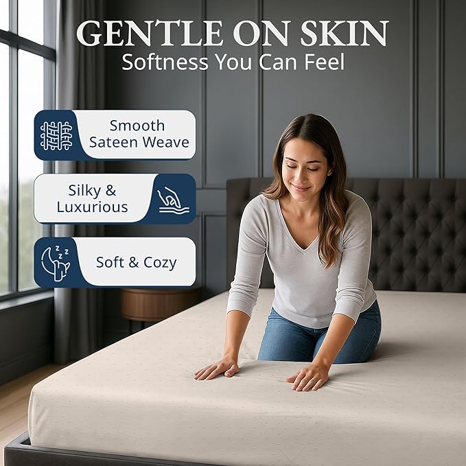 Lane Linen 100% Egyptian Cotton Queen Size Fitted Sheet Only (61"x81" + 16") - Elegant Sateen Weave, Ultra Soft, Breathable, Highly Durable, Deep Pockets Upto 17" - Swiss Dot Ivory