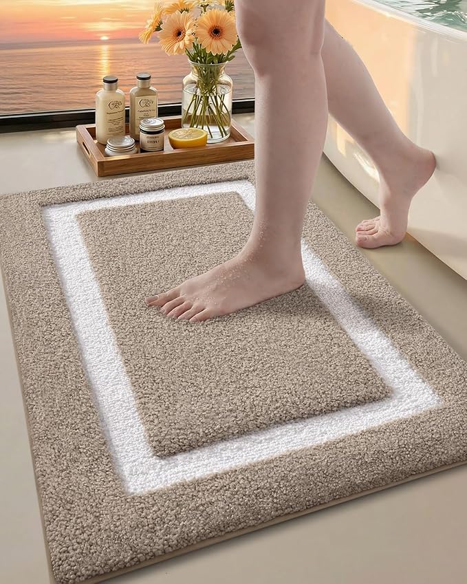 Color&Geometry Bathroom Rugs, Water Absorbent and Quick Dry Microfiber Bath Rugs-16"x24", Non-Slip, Machine Washable, Extra Soft Plush Bath Mats for Bathroom, Laundry Room, Khaki White