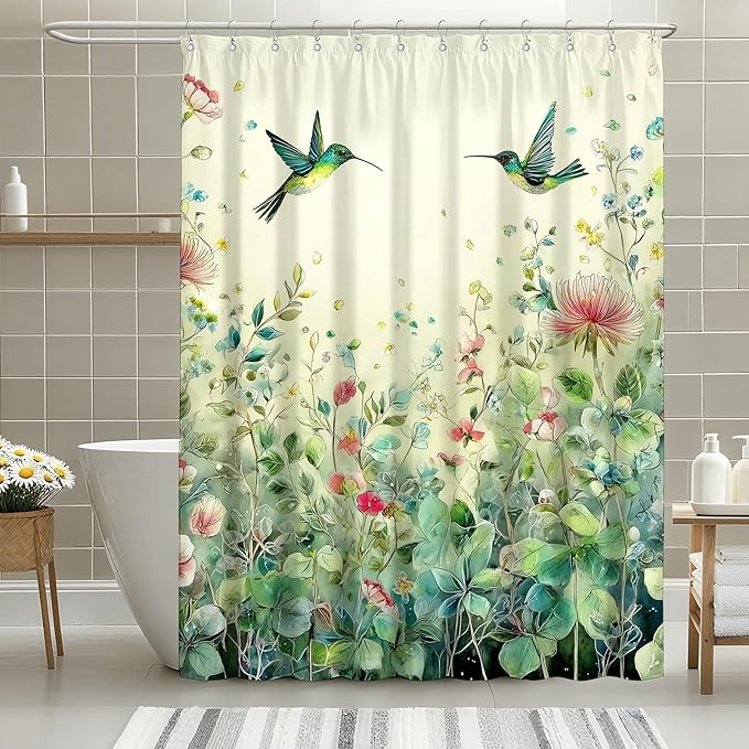 mutakin Green Leaf Flowers Shower Curtain Hummingbird Shower Curtains for Bathroom Waterproof Fabric Bath Curtain Decor with Hooks