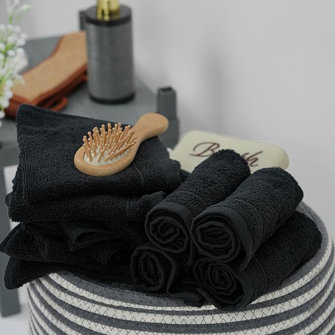 Tens Towels Pack of 60 Washcloths, 12 x 12 Inches, Lighter Weight, Quick to Dry, Super Soft & Absorbent, Gentle Face Towels, Hotel Quality, Perfect for Bathroom, Gym, Spa (Black, 60 Pack)