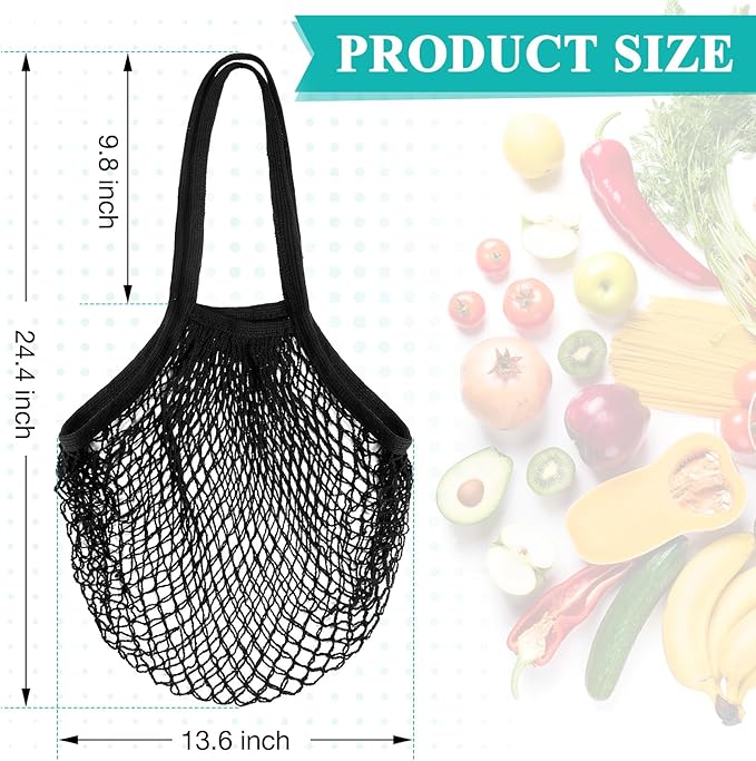 Shappy 16 Pcs Reusable Grocery Bags Mesh Produce Bags Washable Cotton Mesh Tote with Handles for Fruit Vegetable Shopping Storage Market(Black)