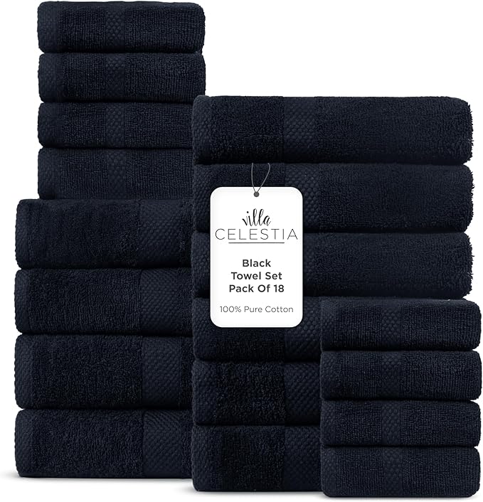 Villa Celestia 100% Cotton Bath Towel Set of 18-4 Bath Towels, 6 Hand Towels, 8 Wash Cloths, Sustainable, Soft, Highly Absorbent, Combed Cotton 18 Piece Set for Hotels, Spa, Bathroom, Dorm, Black