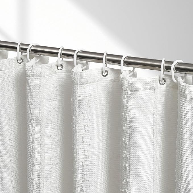 Lameirose Extra Long White Shower Curtain Boho, 72 x 90 Cotton Blend Waffle Weave Stripe Textured Heavy Duty, Fabric Shower Curtain for Bathroom, Hotel, Washable