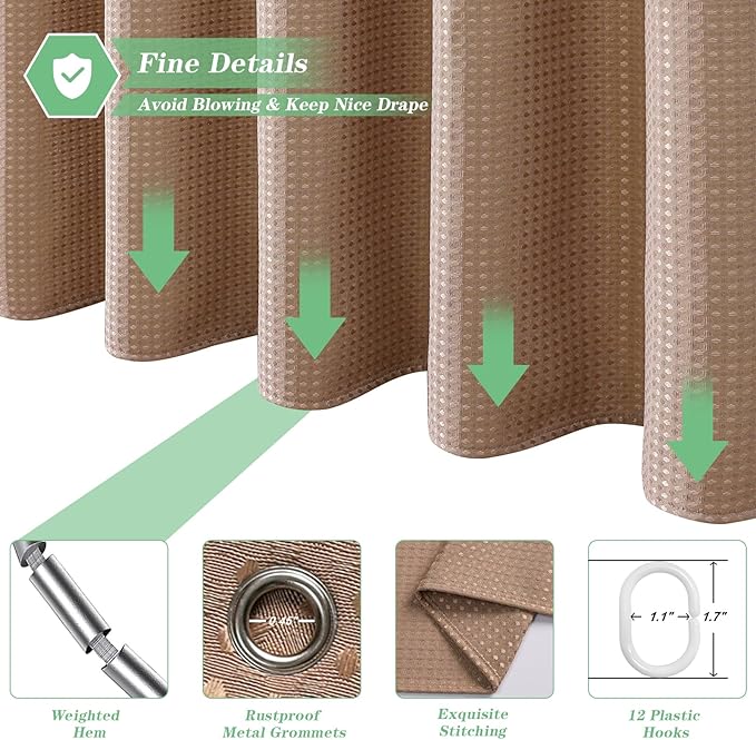 meioro Beige Shower Curtain, Waffle Weave 256GSM Heavy Duty Textured Fabric Shower Curtains for Bathroom Hotel Spa, Luxury Weighted Polyester Cloth Bath Curtain Set with 12 Hooks, 72Wx84H