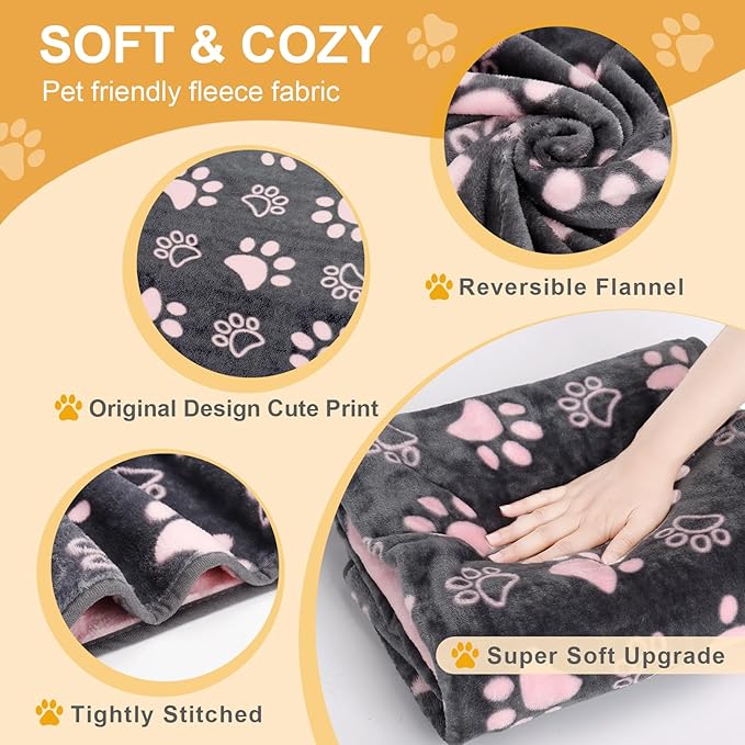 Gowyeg Upgraded Dog Blankets for Large Dogs, Cat Flannel Blankets Washable, with Premium 300GSM Soft Pet Throw Cover for Kennel Crate Bed, Cute Paw Pattern,50x60 inch,Grey & Pink.