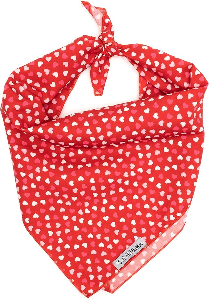 THE WORTHY DOG Classic Tie-On Dog Bandana – Soft Cotton Flannel Square Pet Bandana, Cupid Pattern, Red, Large
