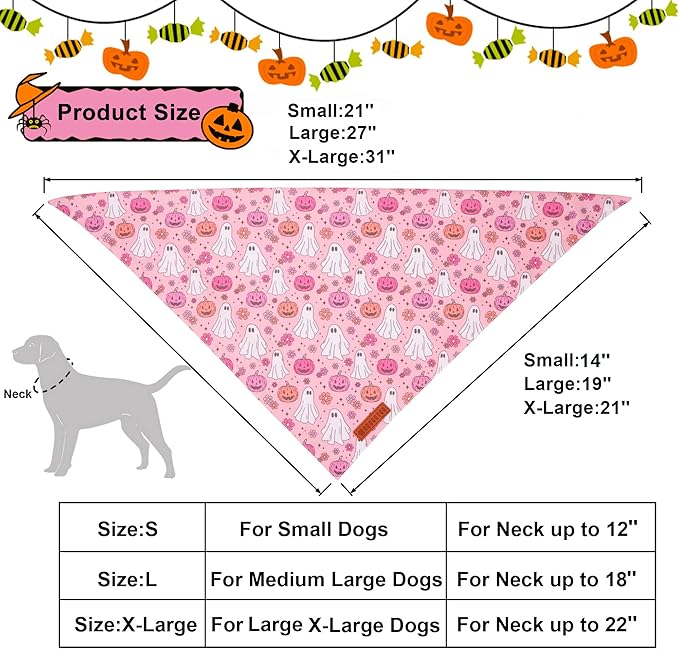 ADOGGYGO Halloween Dog Bandana, Pink Pumpkin Ghost Scarf, Adjustable Fit Female Halloween Bandanas for Large X-Large Dogs Pets (X-Large)