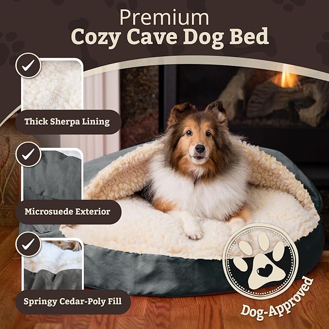 Snoozer Cozy Cave Dog Bed - Indoor Dog Bed with Cover Cave, Covered Calming Burrow for Small & Medium Sized Pets with Blanket Attached, Enclosed, Removable Washable Cover - Large, Anthracite